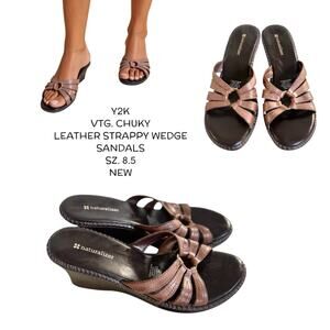 Y2K VTG. BROWN STRAPPY EMBELLISHED WEDGES HEELS SZ. 8 1/2 NATURALIZER NEW.